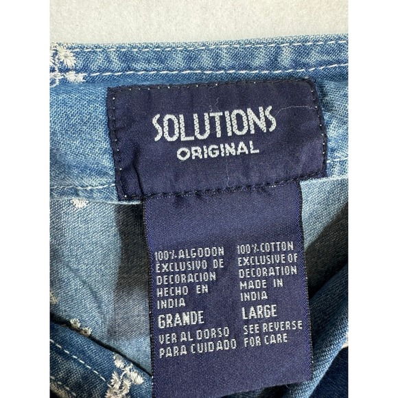 Vintage Solutions Original Blue Denim Floral Embroidered Overall Midi Dress Sz L - Picture 6 of 7